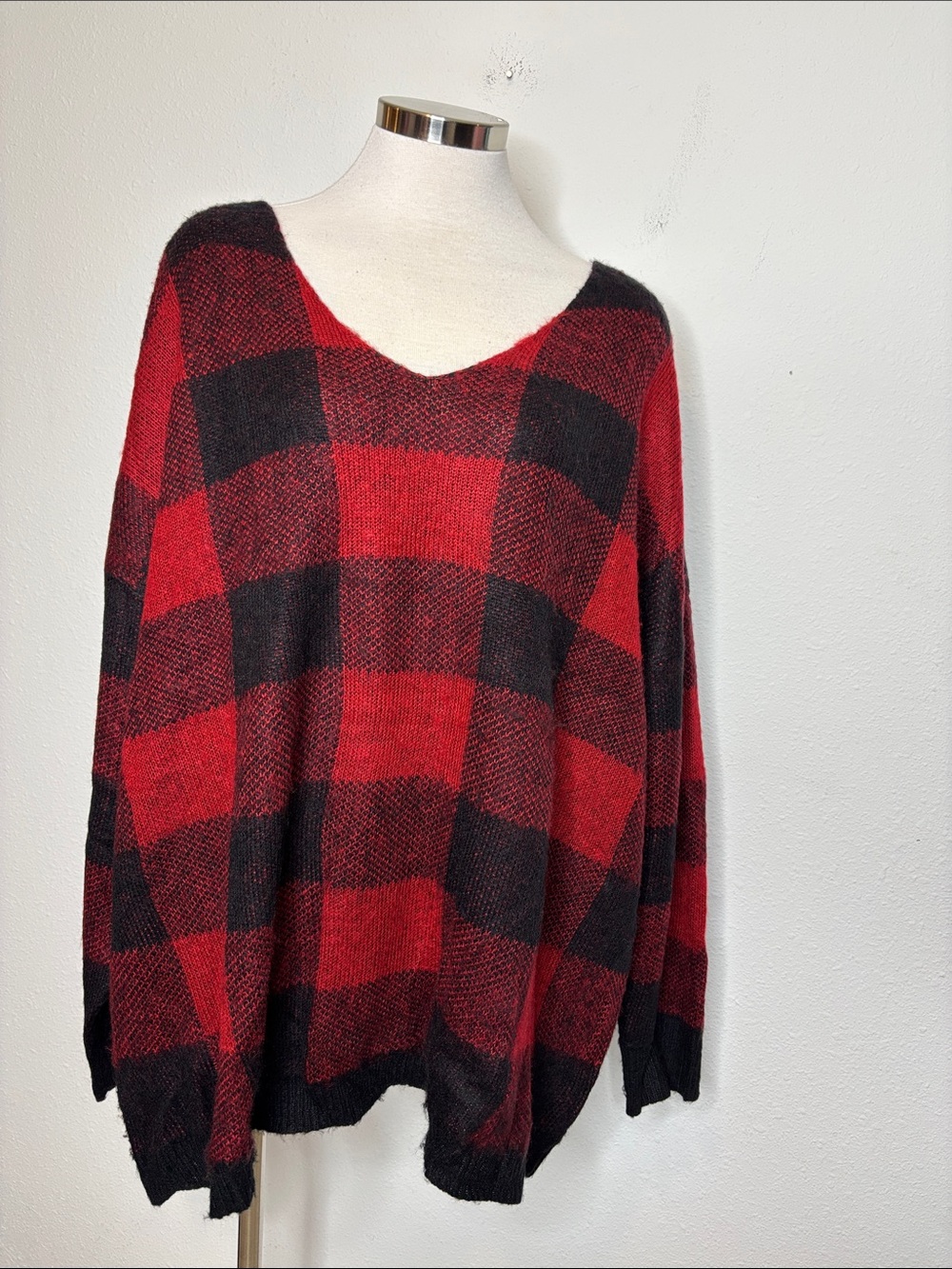 Maurices Red and Black Buffalo Plaid V-Neck Sweater